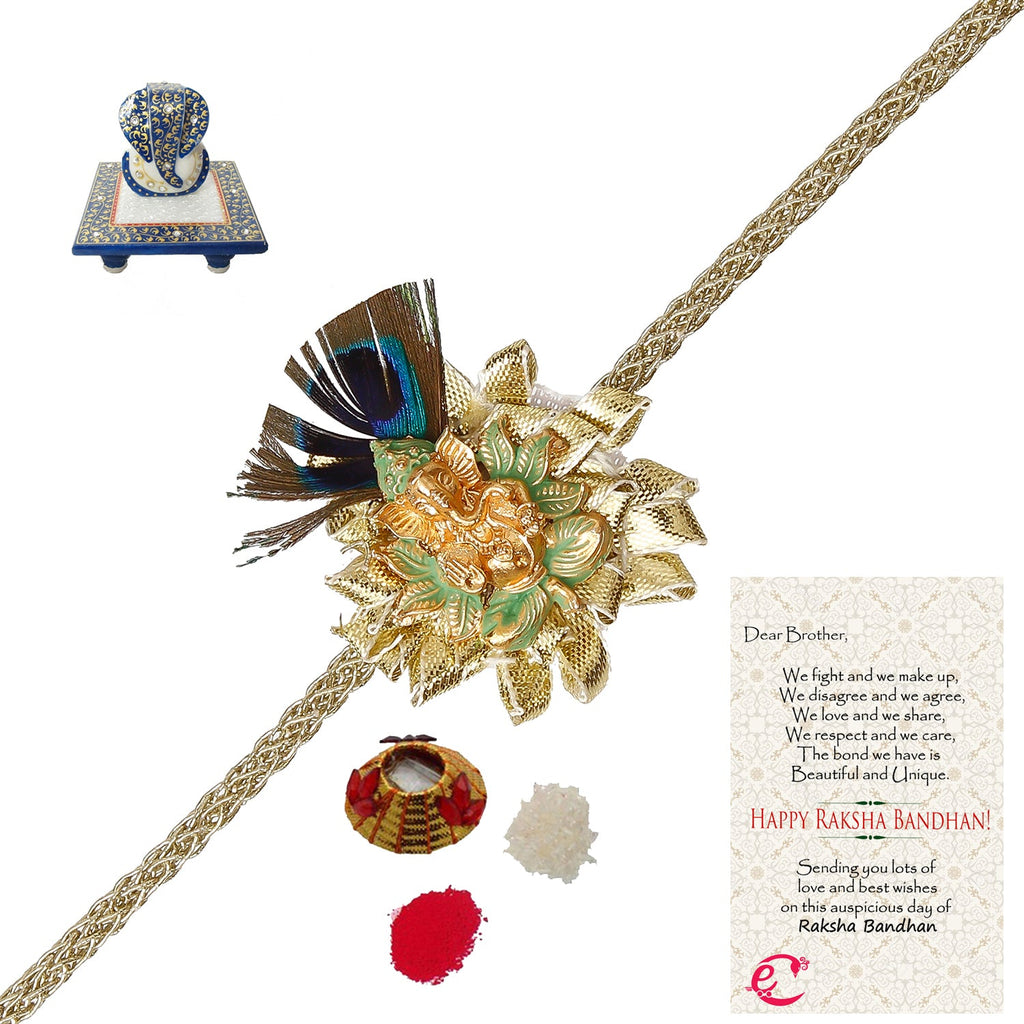 Designer Ganesha Mor Pankh Rakhi with Lord Ganesha Marble Chowki and Roli Tikka Matki, Best Wishes Greeting Card Kafalo