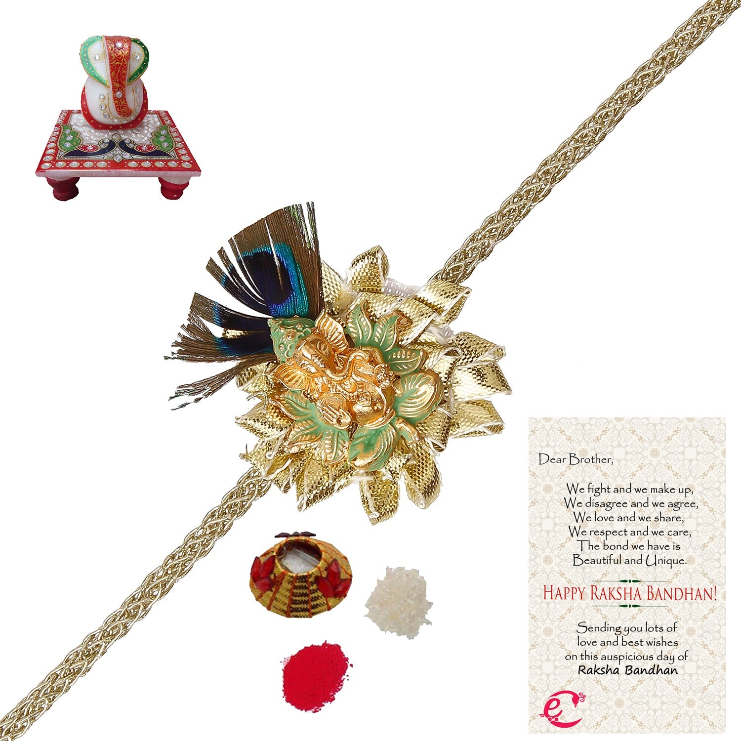 Designer Ganesha Mor Pankh Rakhi with Lord Ganesha Marble Chowki and Roli Tikka Matki, Best Wishes Greeting Card Kafalo