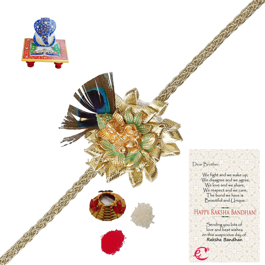 Designer Ganesha Mor Pankh Rakhi with Lord Ganesha on Marble Chowki and Roli Tikka Matki, Best Wishes Greeting Card Kafalo