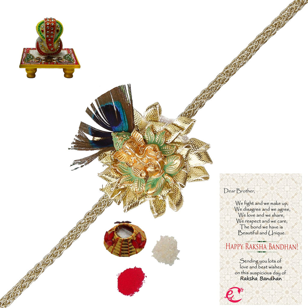 Designer Ganesha Mor Pankh Rakhi with Lord Ganesha on Marble Chowki and Roli Tikka Matki, Best Wishes Greeting Card Kafalo