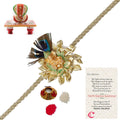Designer Ganesha Mor Pankh Rakhi with Lord Ganesha Marble Chowki and Roli Tikka Matki, Best Wishes Greeting Card Kafalo