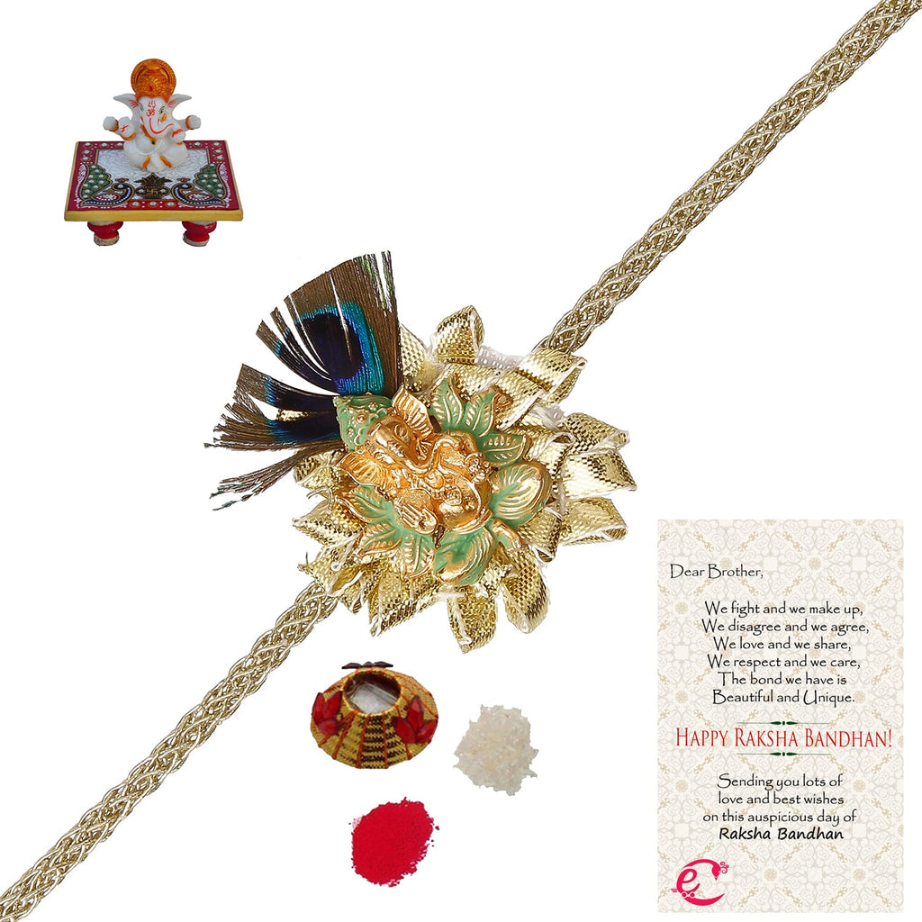 Designer Ganesha Mor Pankh Rakhi with Lord Ganesha Marble Chowki and Roli Tikka Matki, Best Wishes Greeting Card Kafalo