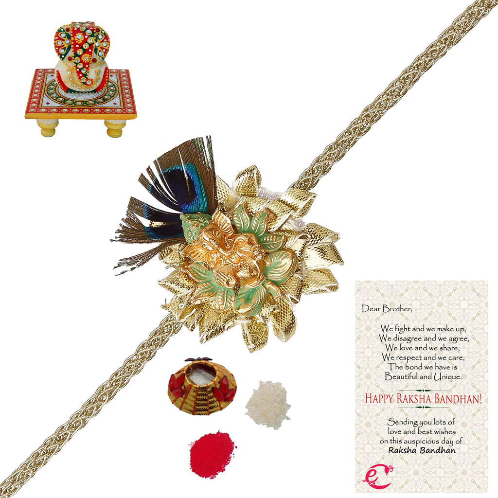 Designer Ganesha Mor Pankh Rakhi with Lord Ganesha on Kundan Studded Marble Chowki and Roli Tikka Matki, Best Wishes Greeting Card Kafalo