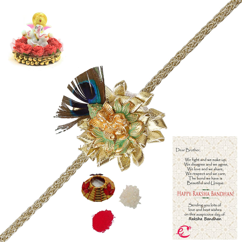 Designer Ganesha Mor Pankh Rakhi with Lord Ganesha Idol on Decorative Plate for Car & Home and Roli Tikka Matki, Best Wishes Greeting Card Kafalo