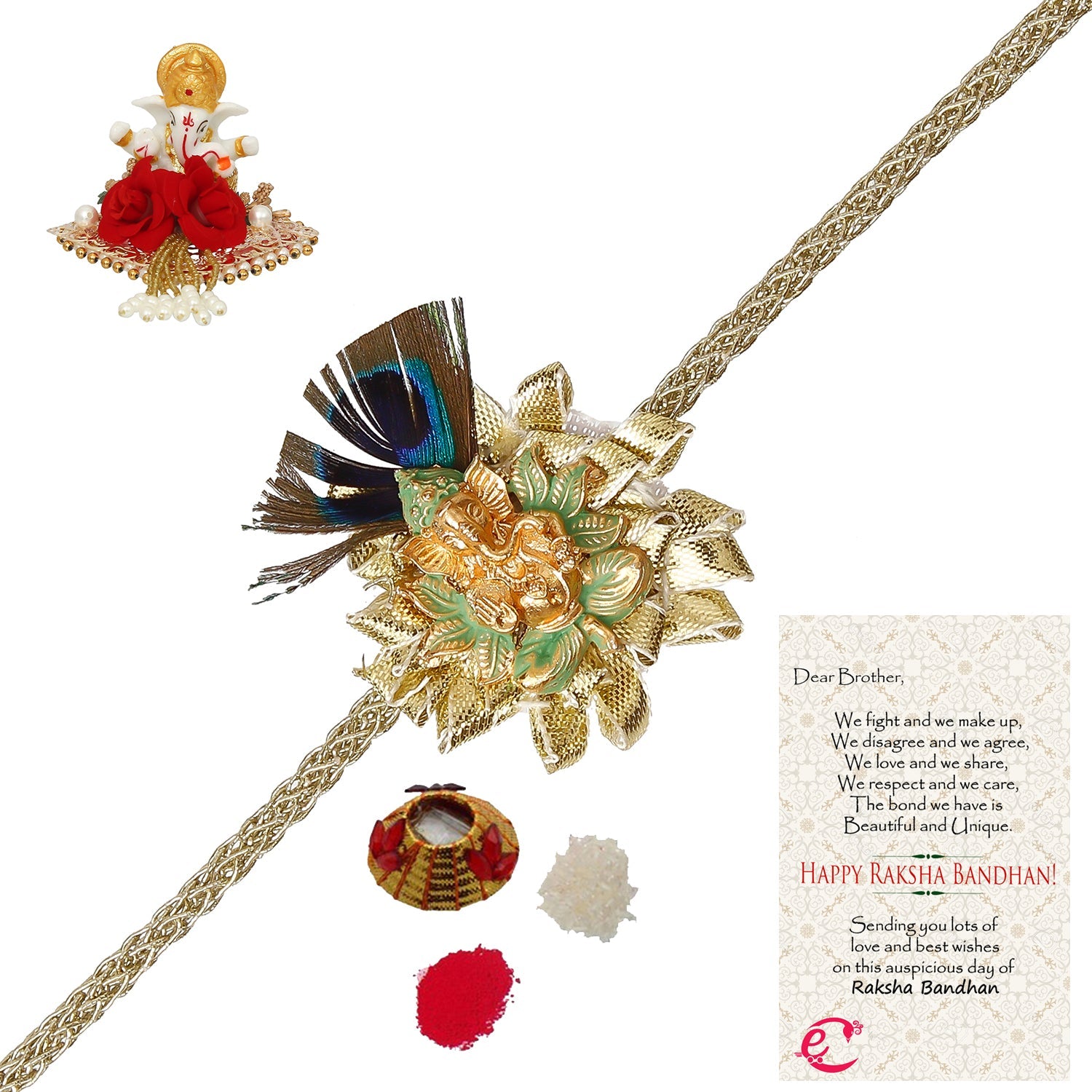 Designer Ganesha Mor Pankh Rakhi with Lord Ganesha Idol on Decorative Plate for Car & Home and Roli Tikka Matki, Best Wishes Greeting Card Kafalo