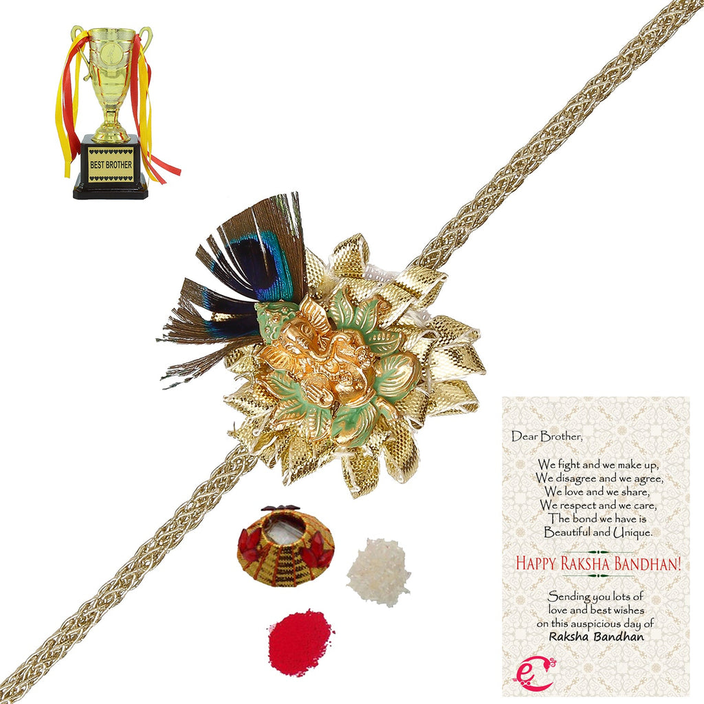 Designer Ganesha Mor Pankh Rakhi with Best Brother Trophy and Roli Tikka Matki, Best Wishes Greeting Card Kafalo