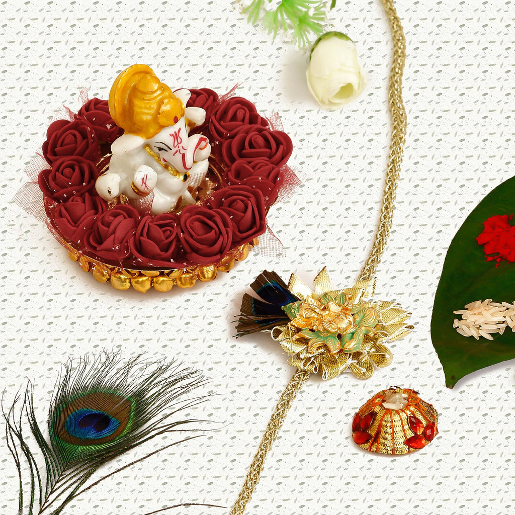 Designer Ganesha Mor Pankh Rakhi with Lord Ganesha Idol on Decorative Plate for Car & Home and Roli Tikka Matki Kafalo