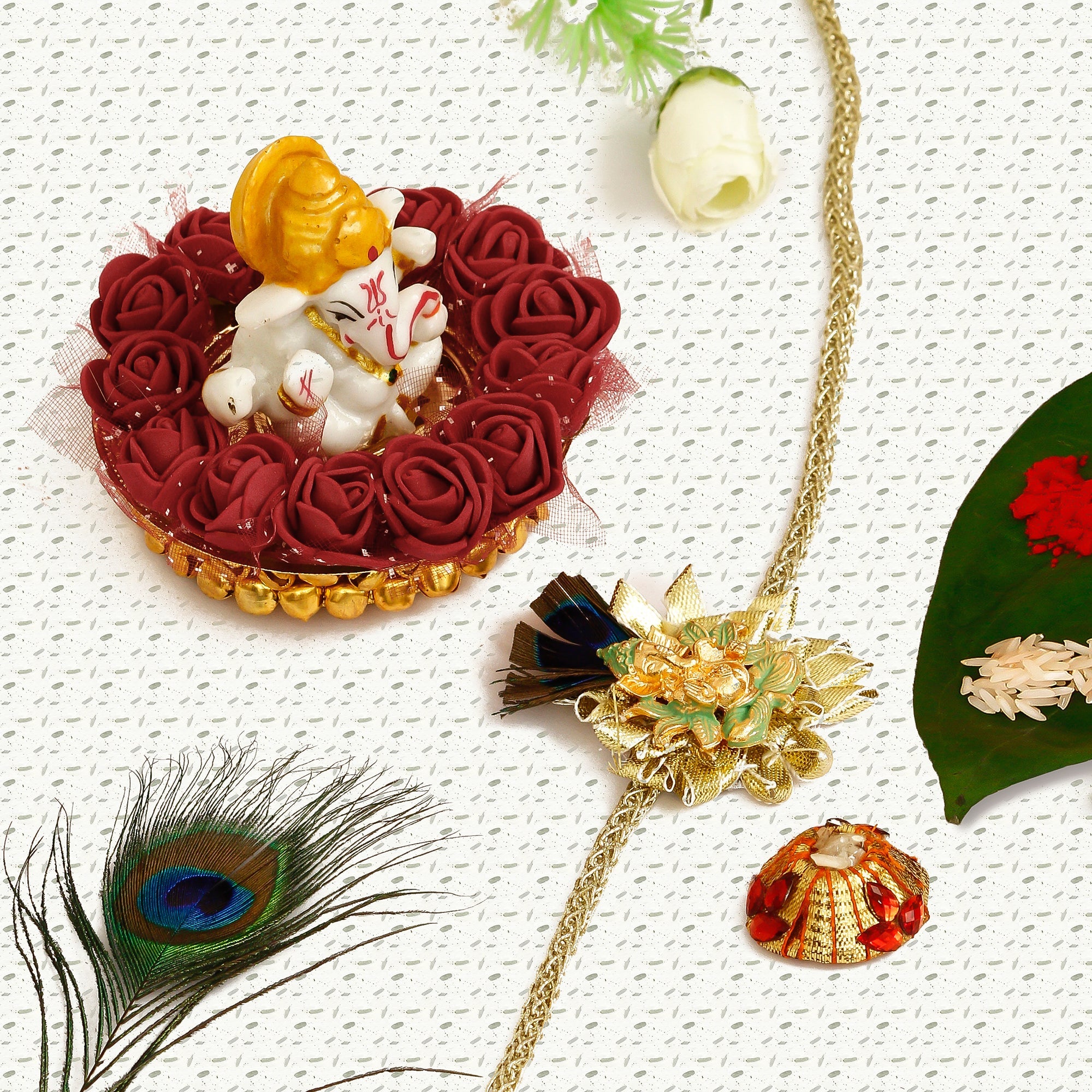 Designer Ganesha Mor Pankh Rakhi with Lord Ganesha Idol on Decorative Plate for Car & Home and Roli Tikka Matki Kafalo