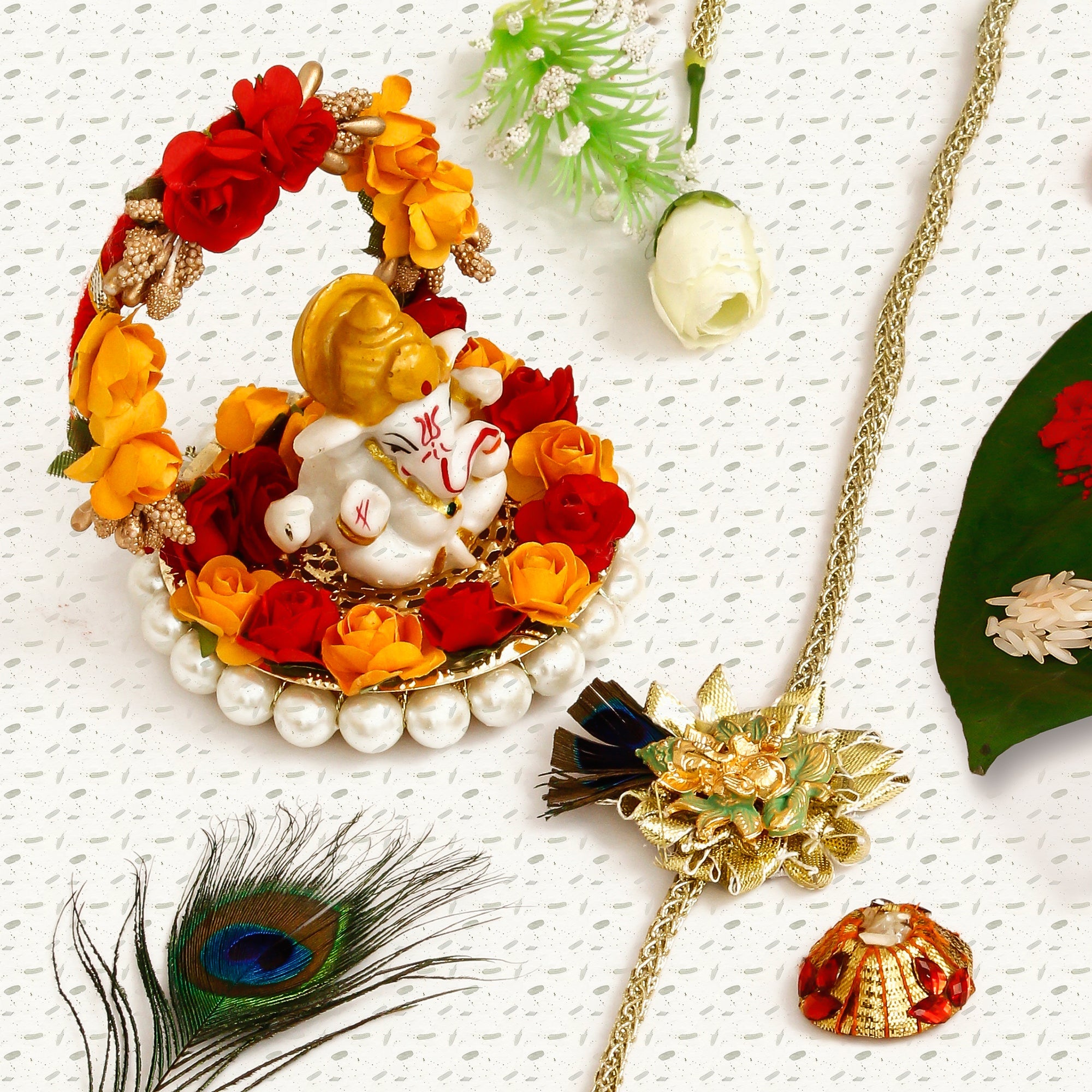 Designer Ganesha Mor Pankh Rakhi with Lord Ganesha Idol on Decorative Plate for Car & Home and Roli Tikka Matki Kafalo