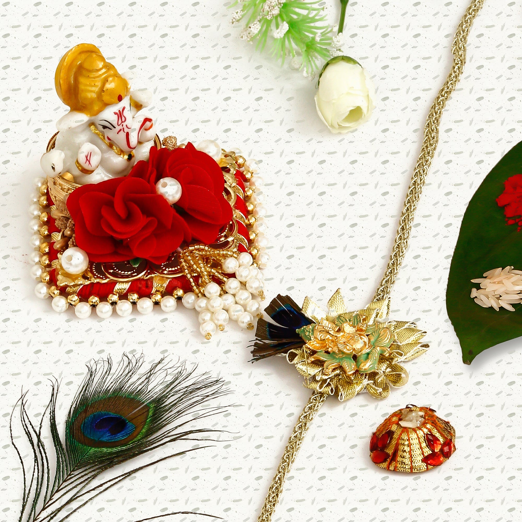 Designer Ganesha Mor Pankh Rakhi with Lord Ganesha Idol on Decorative Plate for Car & Home and Roli Tikka Matki Kafalo