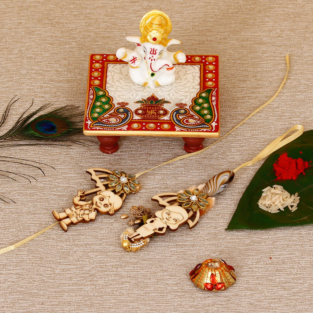 Designer Bhaiya Bhabhi Rakhi with Lord Ganesha Marble Chowki and Roli Tikka Matki Kafalo