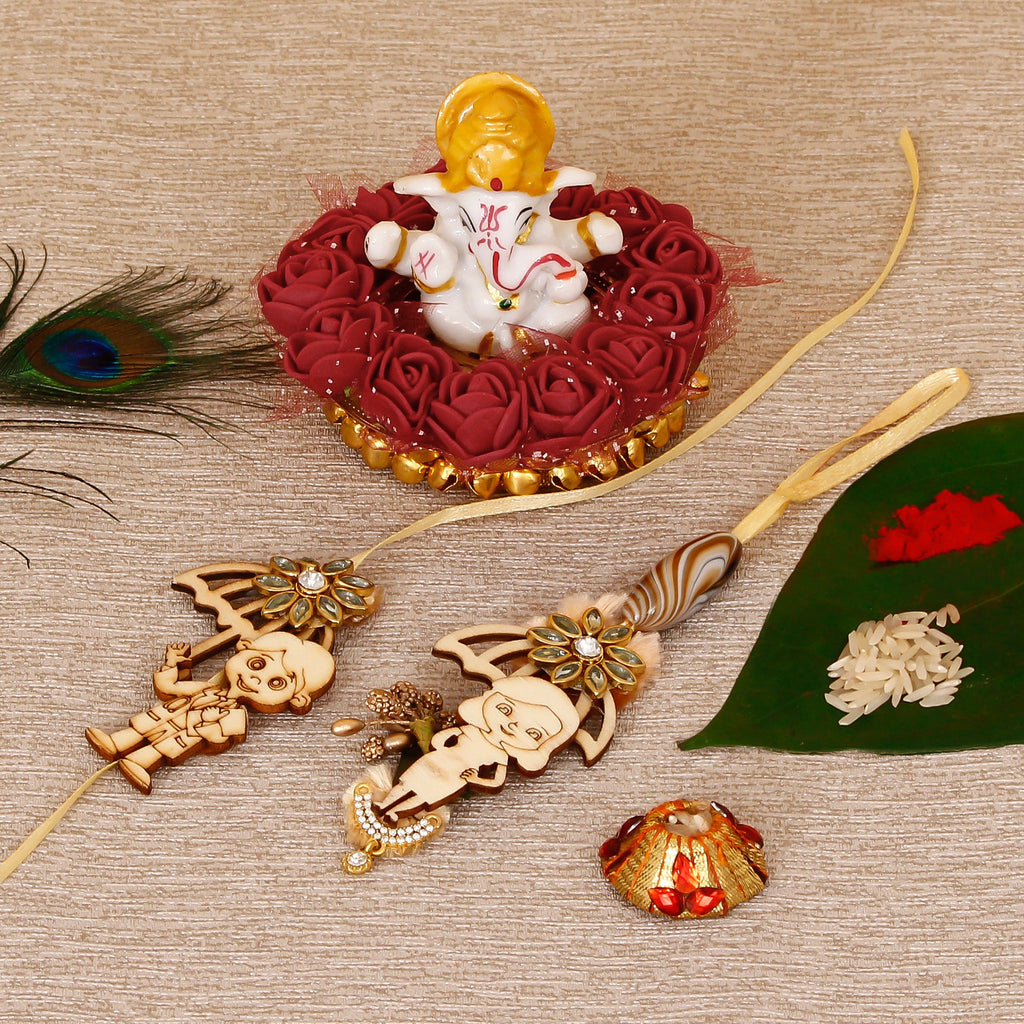 Designer Bhaiya Bhabhi Rakhi with Lord Ganesha Idol on Decorative Plate for Car & Home and Roli Tikka Matki Kafalo