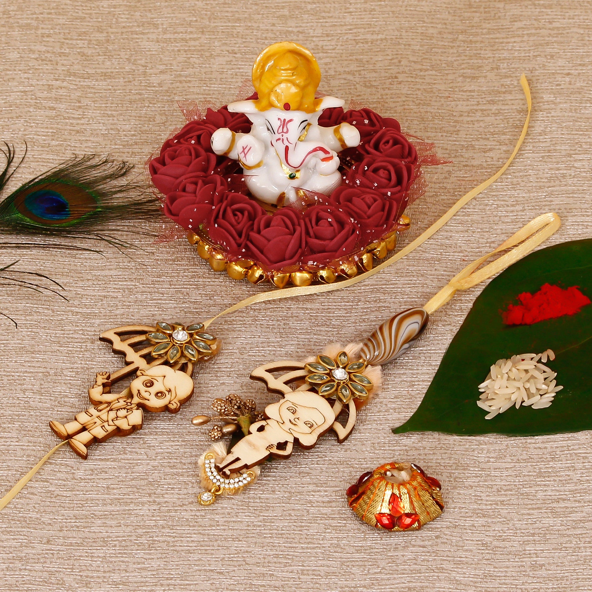 Designer Bhaiya Bhabhi Rakhi with Lord Ganesha Idol on Decorative Plate for Car & Home and Roli Tikka Matki Kafalo