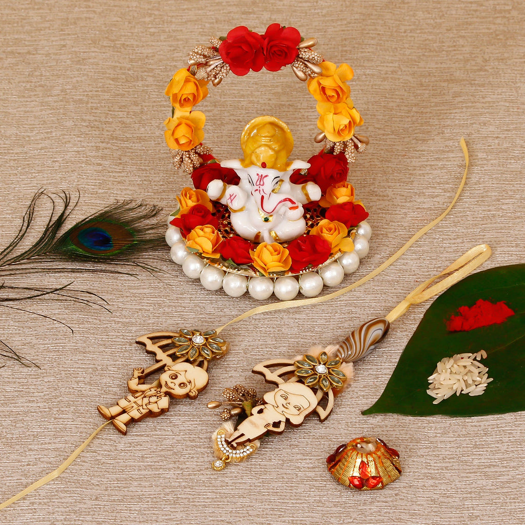 Designer Bhaiya Bhabhi Rakhi with Lord Ganesha Idol on Decorative Plate for Car & Home and Roli Tikka Matki Kafalo