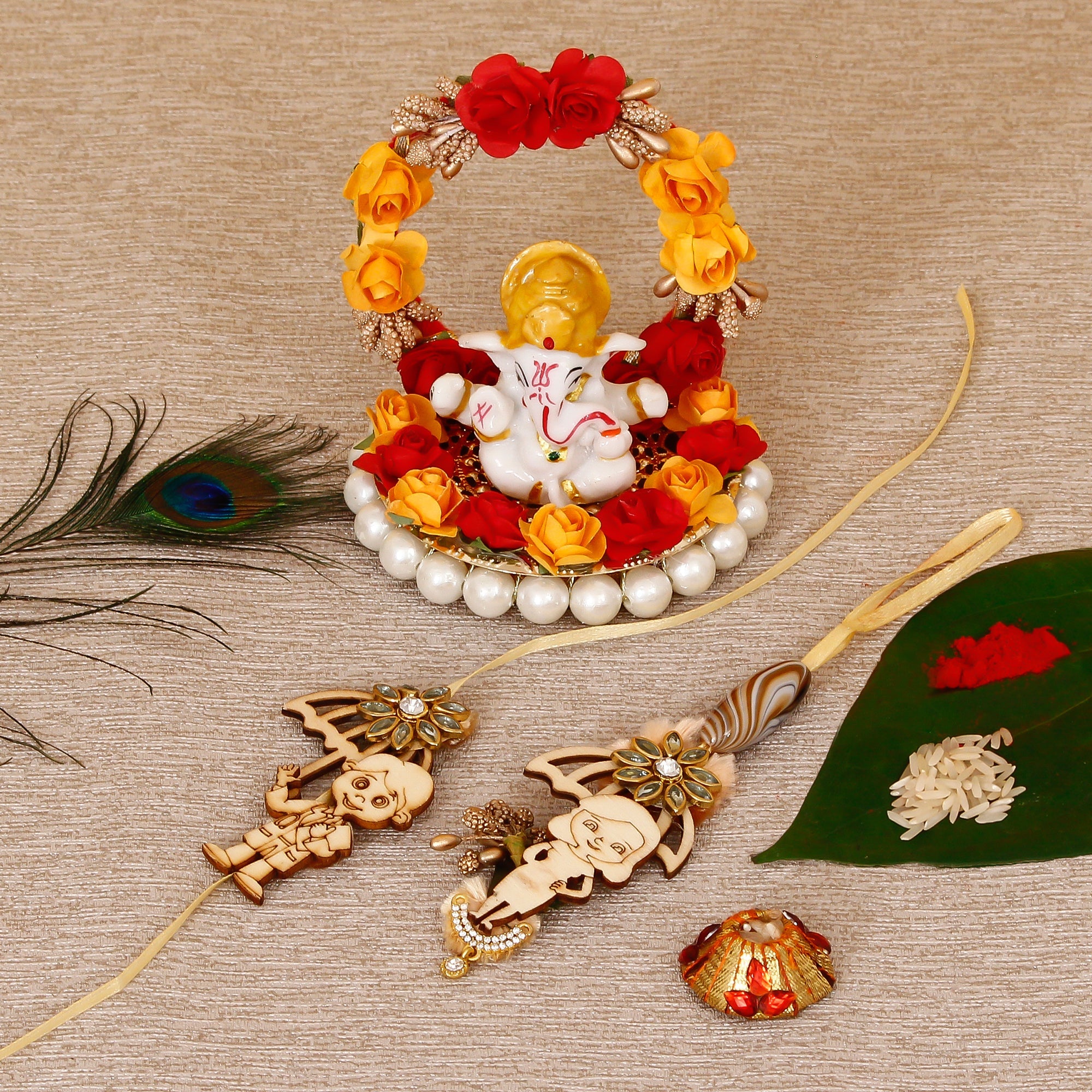 Designer Bhaiya Bhabhi Rakhi with Lord Ganesha Idol on Decorative Plate for Car & Home and Roli Tikka Matki Kafalo