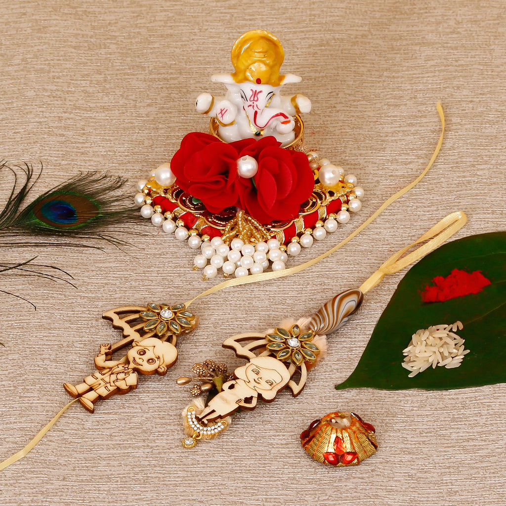 Designer Bhaiya Bhabhi Rakhi with Lord Ganesha Idol on Decorative Plate for Car & Home and Roli Tikka Matki Kafalo