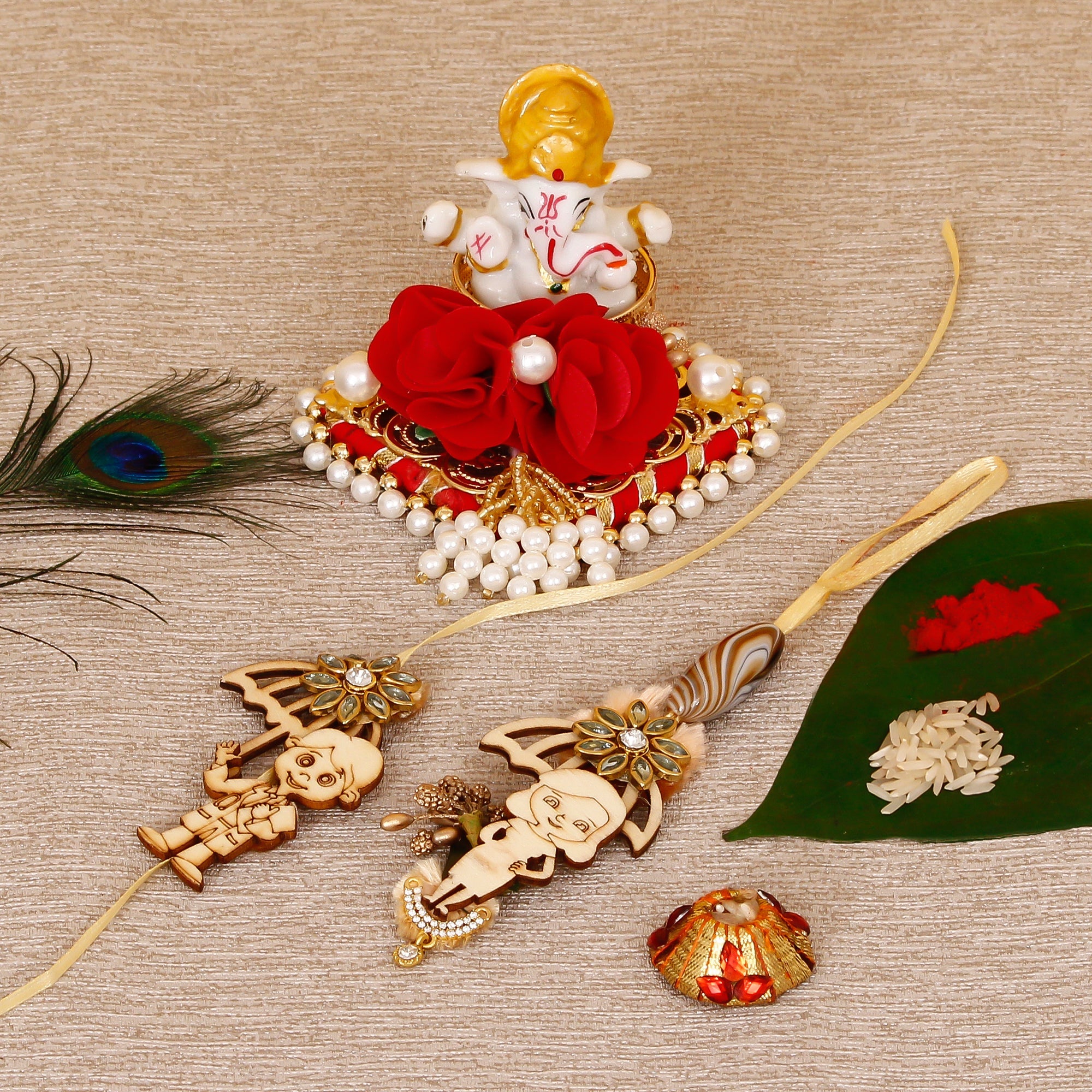 Designer Bhaiya Bhabhi Rakhi with Lord Ganesha Idol on Decorative Plate for Car & Home and Roli Tikka Matki Kafalo