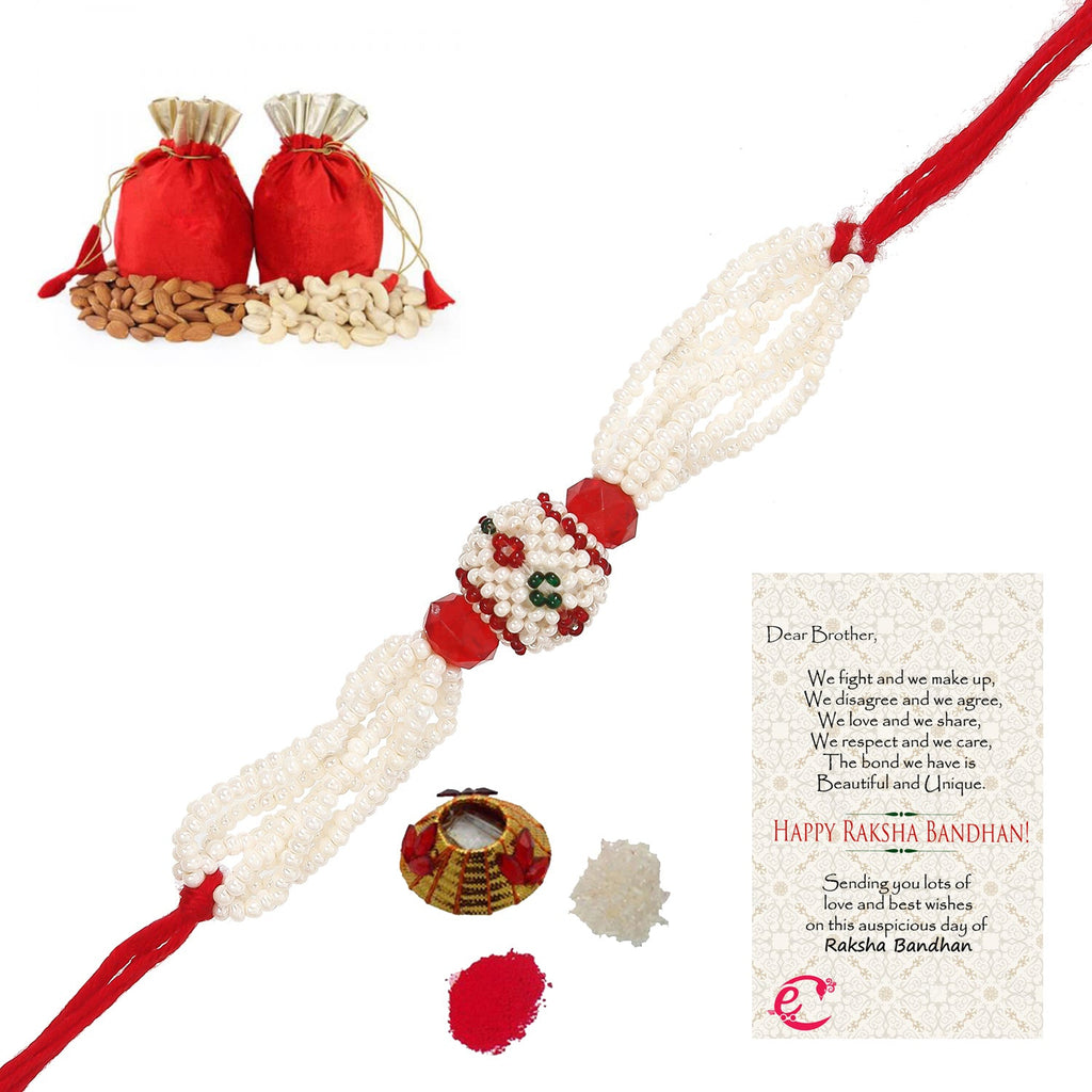 Designer Pearl Rakhi with Badam and Cashew (200 gm each, total 400 gm) and Roli Tikka Matki, Best Wishes Greeting Card Kafalo