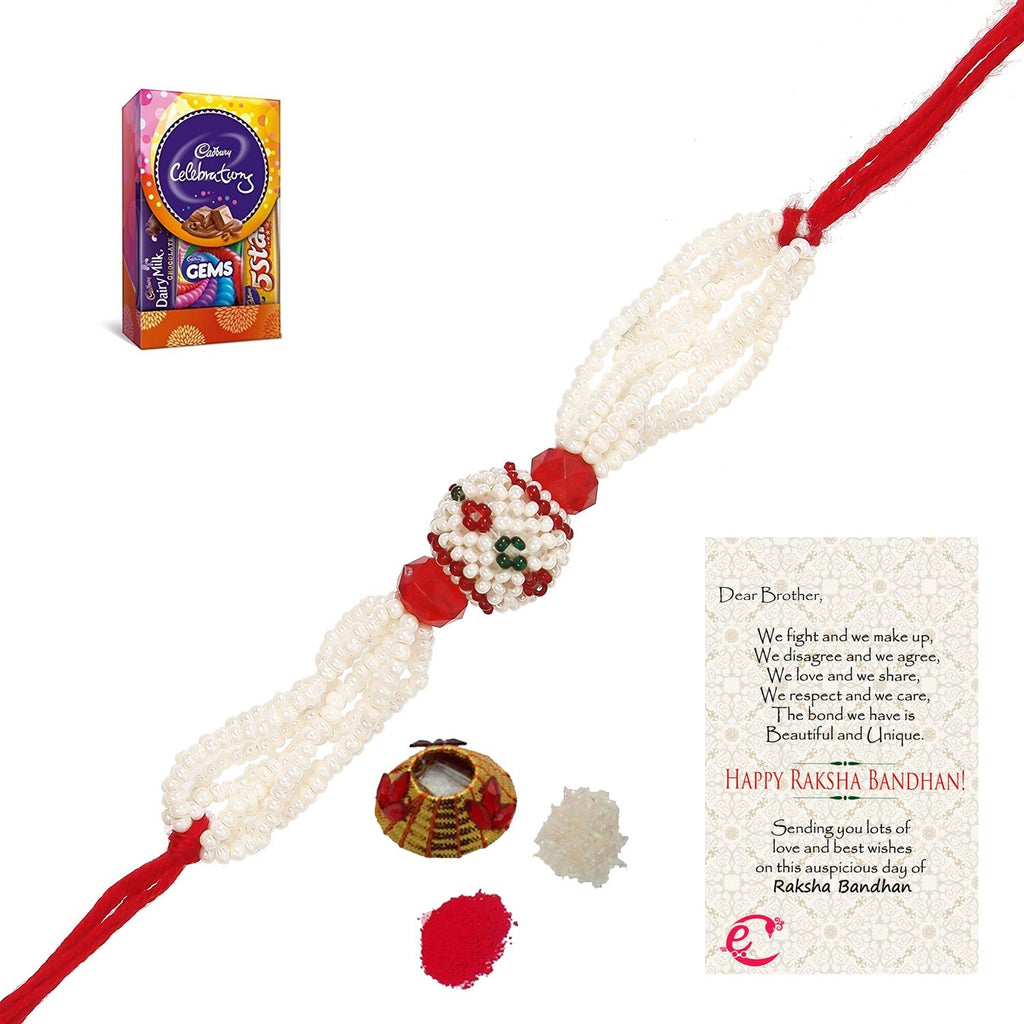 Designer Pearl Rakhi with Cadbury Celebrations Gift Pack of 5 Assorted Chocolates and Roli Tikka Matki, Best Wishes Greeting Card Kafalo