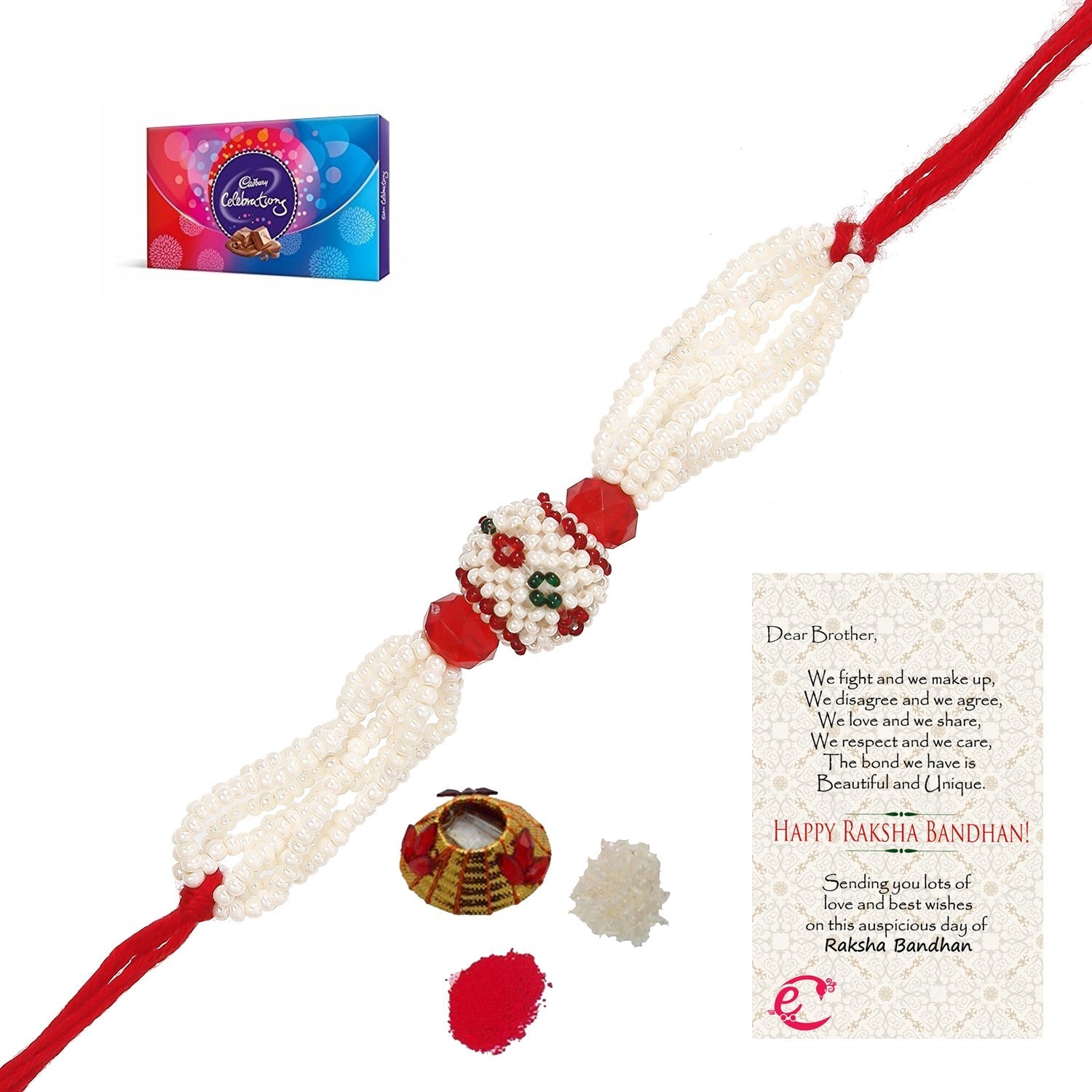 Designer Pearl Rakhi with Cadbury Celebrations Gift Pack of 7 Assorted Chocolates and Roli Tikka Matki, Best Wishes Greeting Card Kafalo