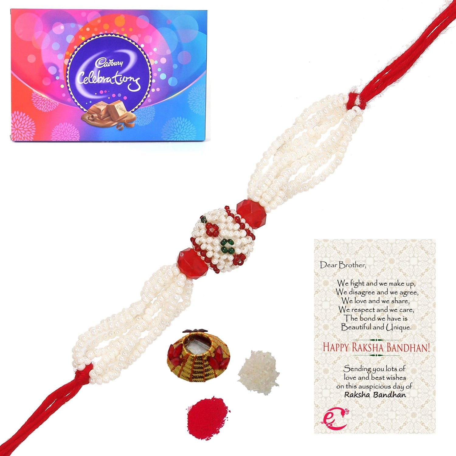 Designer Pearl Rakhi with Cadbury Celebrations Gift Pack of 11 Assorted Chocolates and Roli Tikka Matki, Best Wishes Greeting Card Kafalo