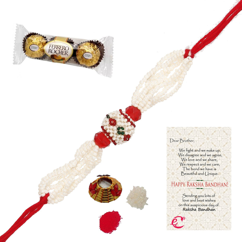 Designer Pearl Rakhi with Ferrero Rocher (3 pcs) and Roli Tikka Matki, Best Wishes Greeting Card Kafalo