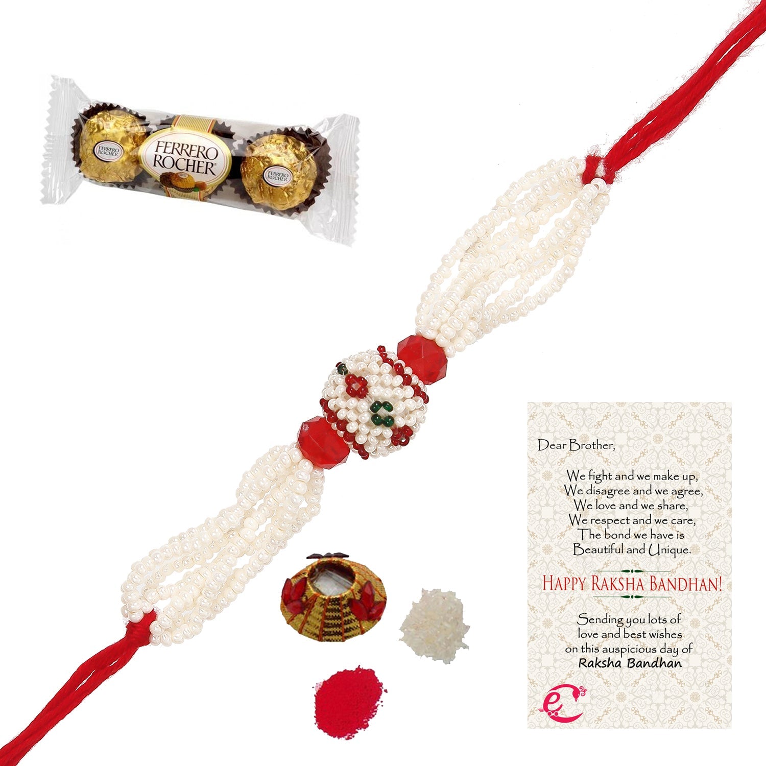 Designer Pearl Rakhi with Ferrero Rocher (3 pcs) and Roli Tikka Matki, Best Wishes Greeting Card Kafalo