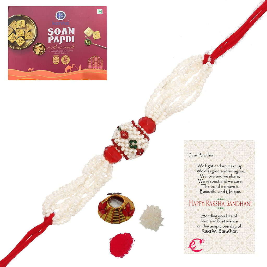 Designer Pearl Rakhi with Soan Papdi (500 Gm) and Roli Tikka Matki, Best Wishes Greeting Card Kafalo