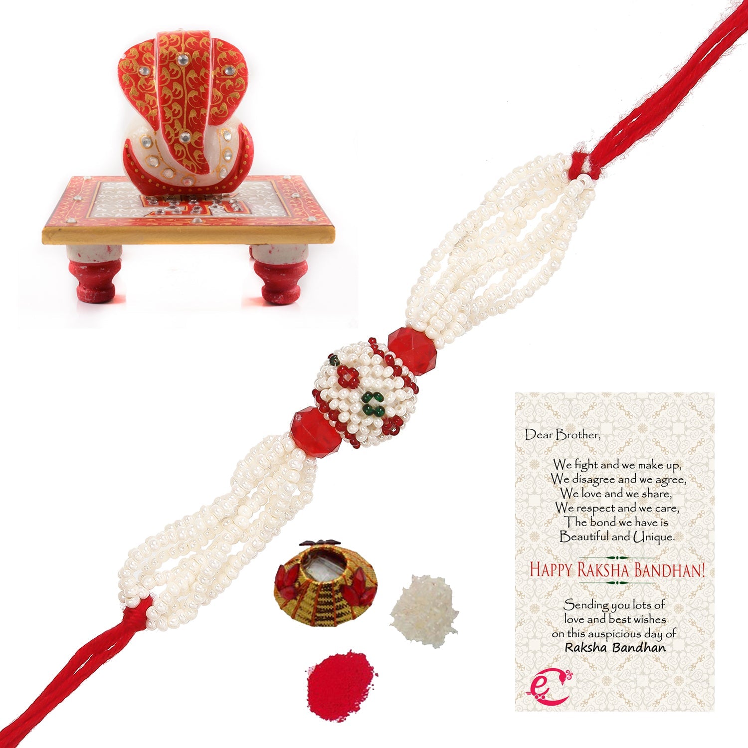 Designer Pearl Rakhi with Ridhi Sidhi Marble chowki and Roli Tikka Matki, Best Wishes Greeting Card Kafalo