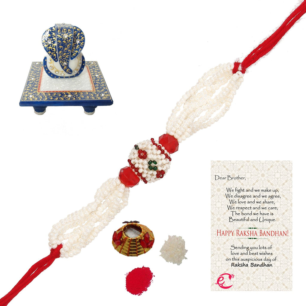 Designer Pearl Rakhi with Lord Ganesha Marble Chowki and Roli Tikka Matki, Best Wishes Greeting Card Kafalo
