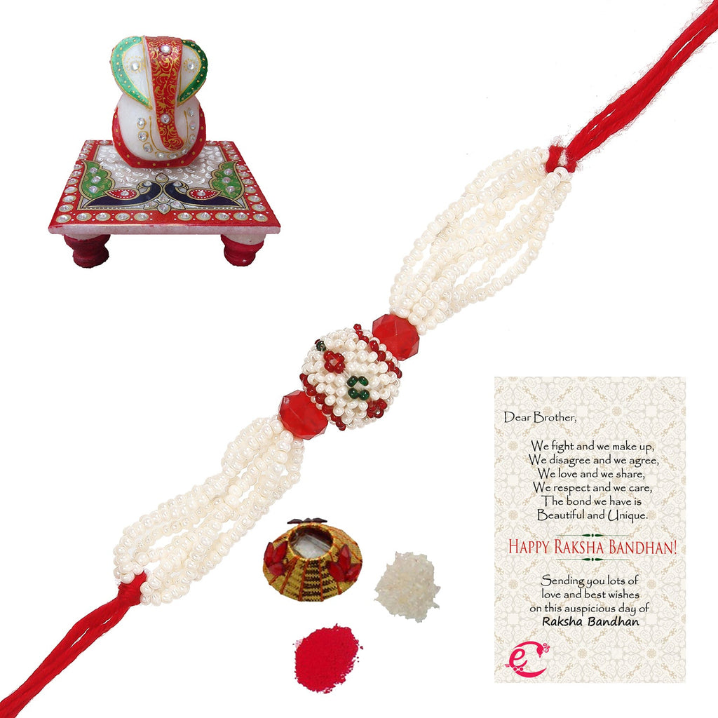 Designer Pearl Rakhi with Lord Ganesha Marble Chowki and Roli Tikka Matki, Best Wishes Greeting Card Kafalo