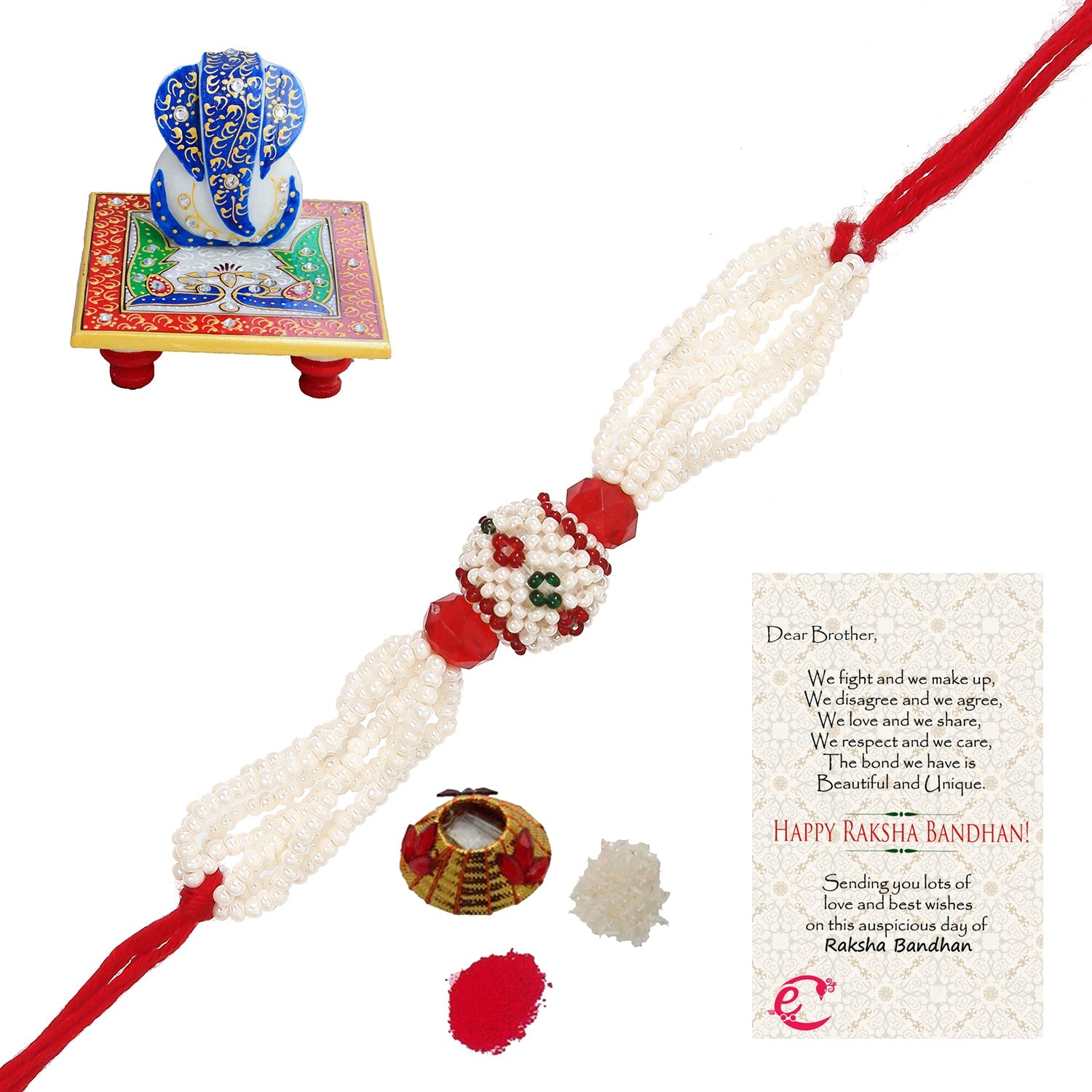 Designer Pearl Rakhi with Lord Ganesha on Marble Chowki and Roli Tikka Matki, Best Wishes Greeting Card Kafalo