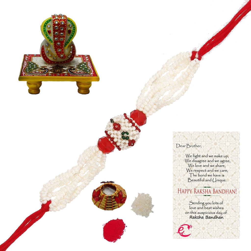 Designer Pearl Rakhi with Lord Ganesha on Marble Chowki and Roli Tikka Matki, Best Wishes Greeting Card Kafalo