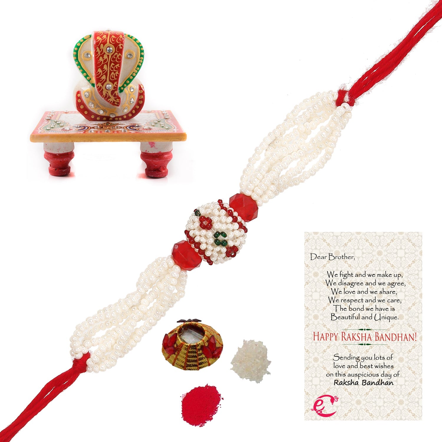 Designer Pearl Rakhi with Lord Ganesha Marble Chowki and Roli Tikka Matki, Best Wishes Greeting Card Kafalo