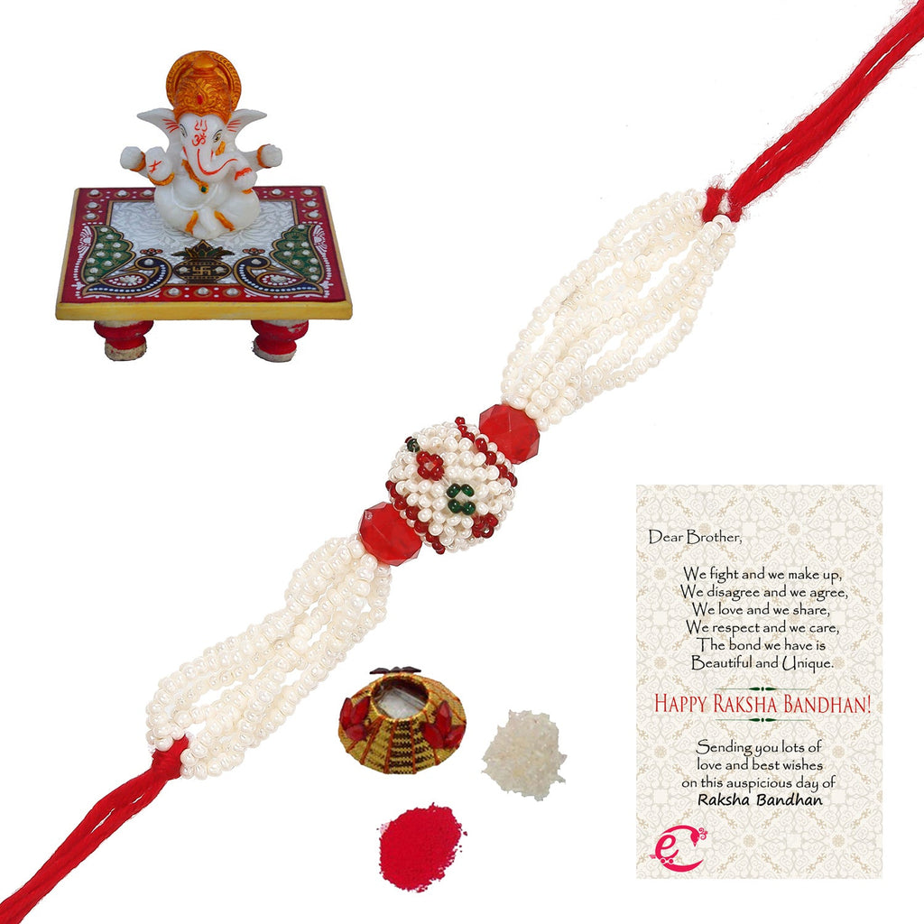 Designer Pearl Rakhi with Lord Ganesha Marble Chowki and Roli Tikka Matki, Best Wishes Greeting Card Kafalo