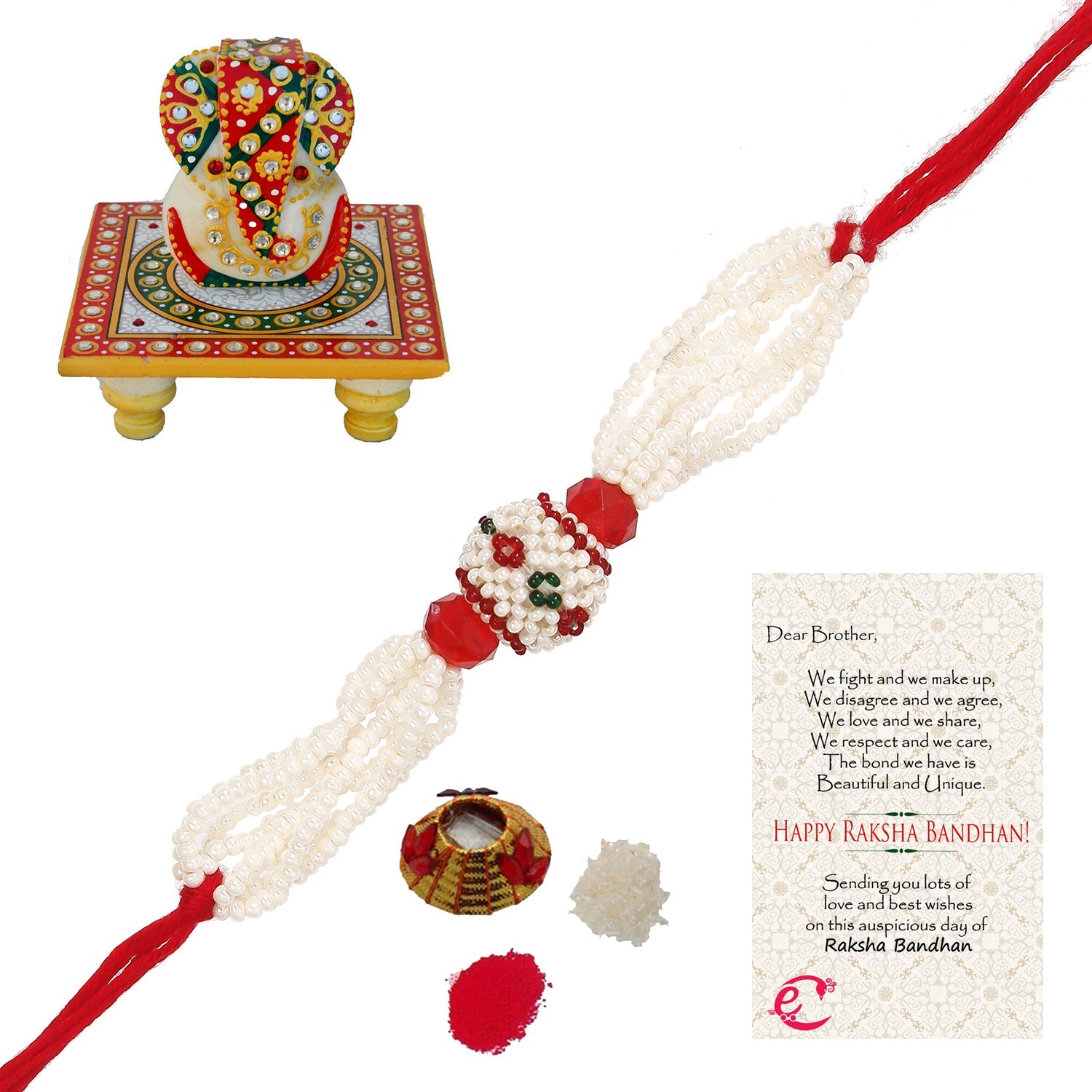 Designer Pearl Rakhi with Lord Ganesha on Kundan Studded Marble Chowki and Roli Tikka Matki, Best Wishes Greeting Card Kafalo