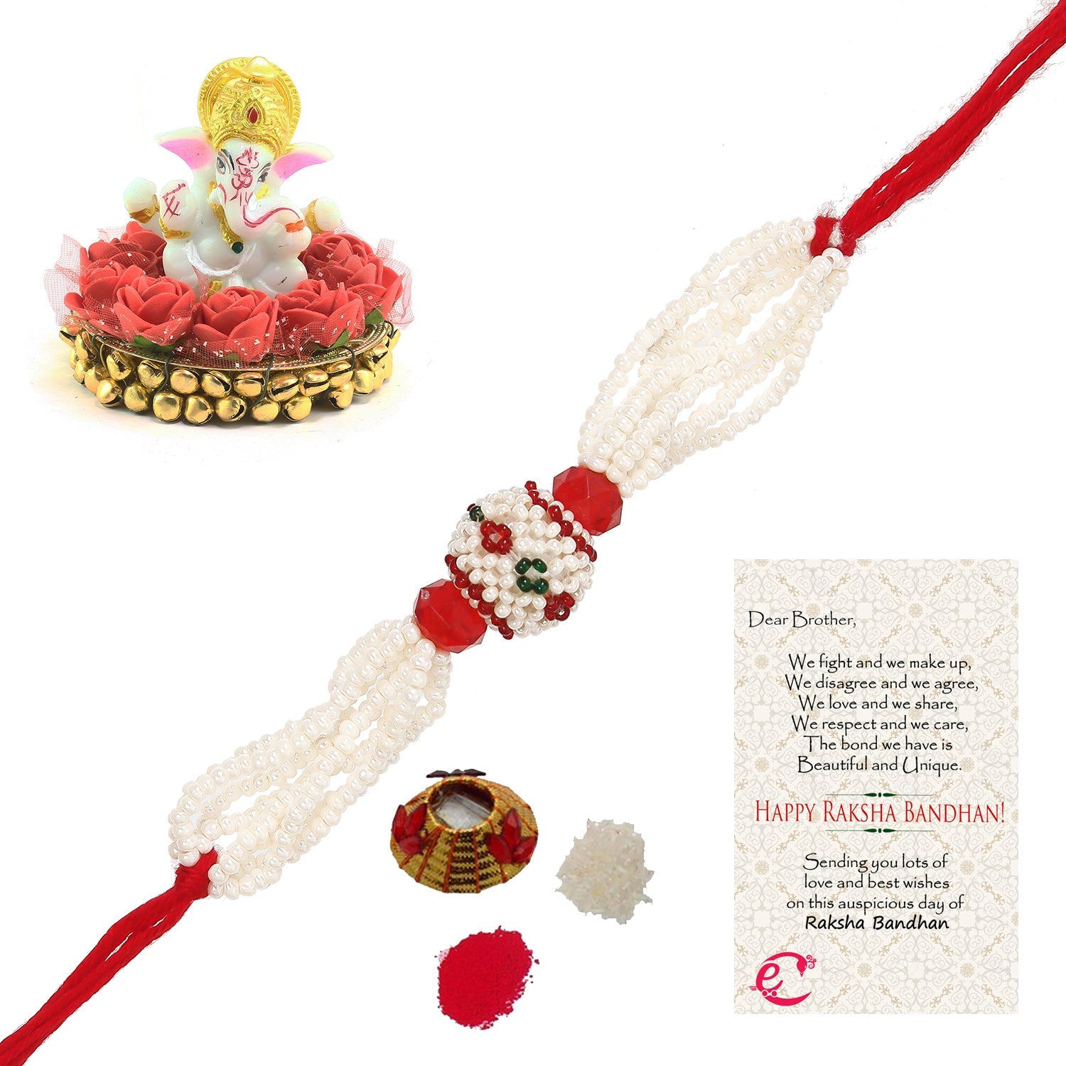 Designer Pearl Rakhi with Lord Ganesha Idol on Decorative Plate for Car & Home and Roli Tikka Matki, Best Wishes Greeting Card Kafalo