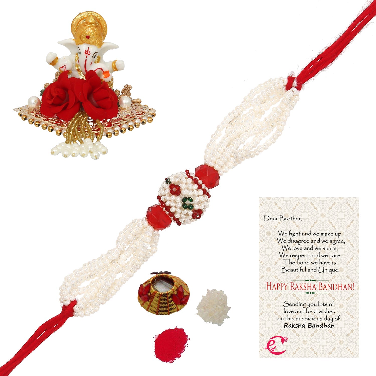 Designer Pearl Rakhi with Lord Ganesha Idol on Decorative Plate for Car & Home and Roli Tikka Matki, Best Wishes Greeting Card Kafalo