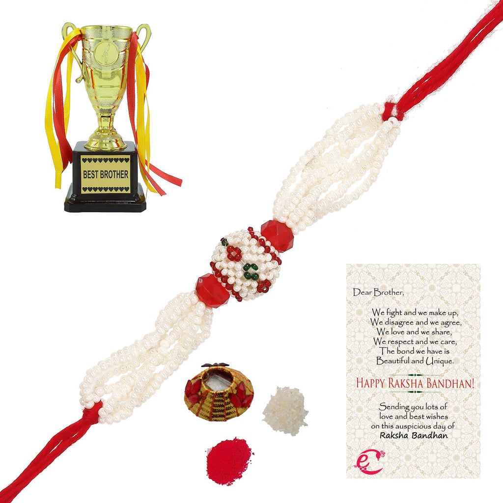Designer Pearl Rakhi with Best Brother Trophy and Roli Tikka Matki, Best Wishes Greeting Card Kafalo