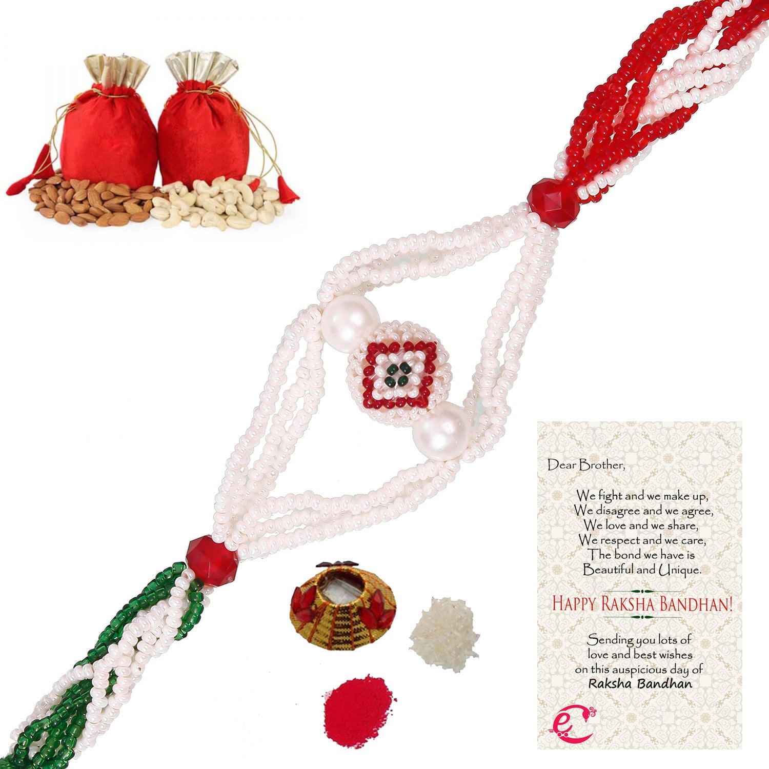Designer Pearl Rakhi with Badam and Cashew (200 gm each, total 400 gm) and Roli Tikka Matki, Best Wishes Greeting Card Kafalo