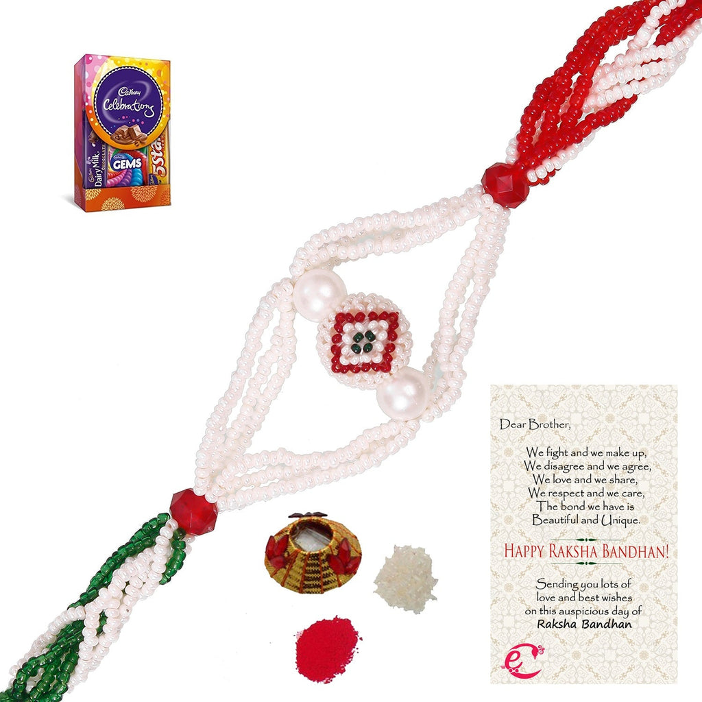 Designer Pearl Rakhi with Cadbury Celebrations Gift Pack of 5 Assorted Chocolates and Roli Tikka Matki, Best Wishes Greeting Card Kafalo