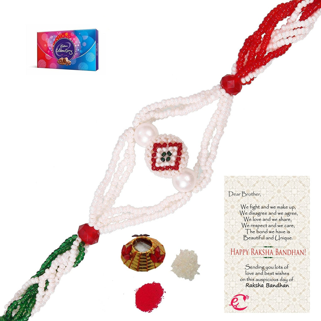 Designer Pearl Rakhi with Cadbury Celebrations Gift Pack of 7 Assorted Chocolates and Roli Tikka Matki, Best Wishes Greeting Card Kafalo