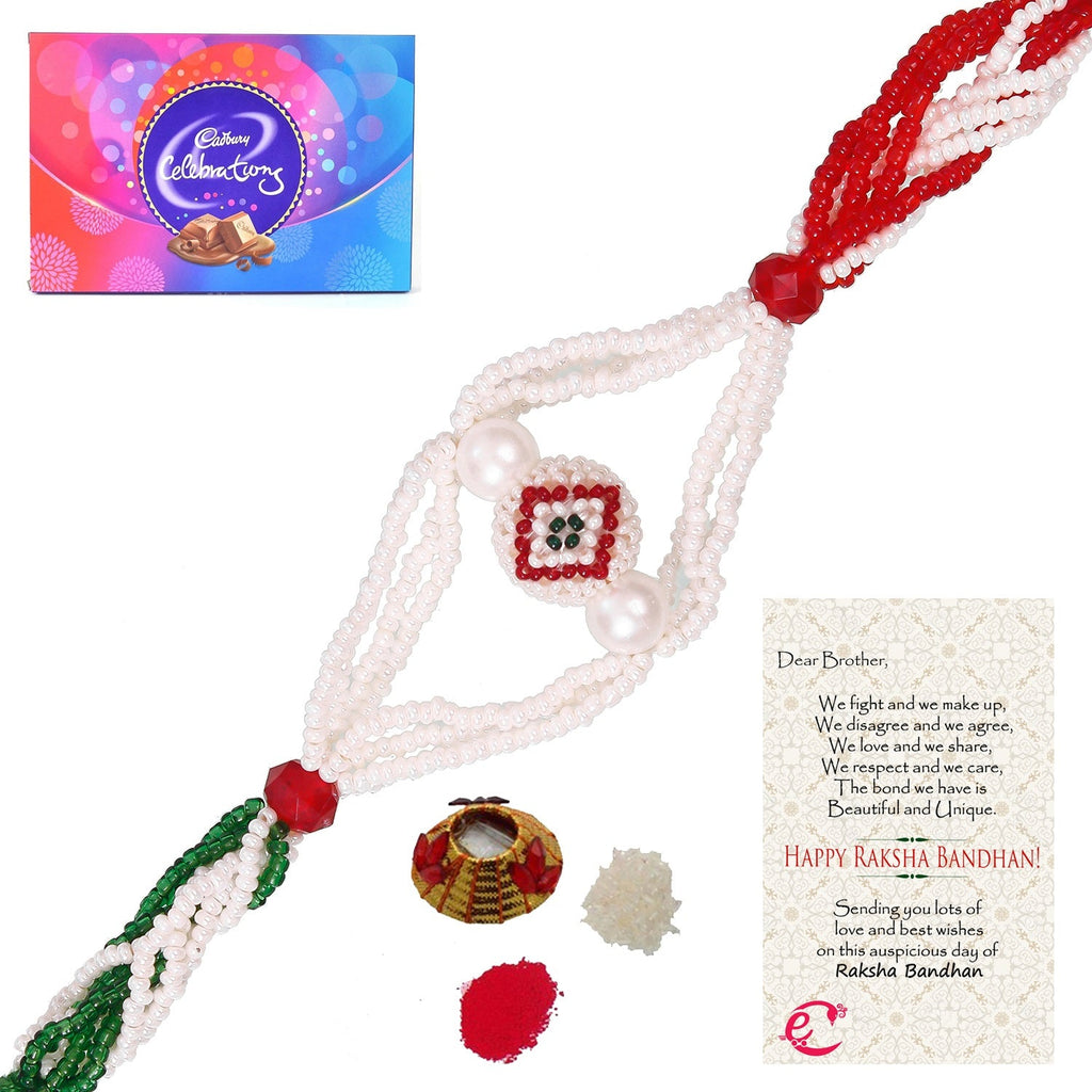 Designer Pearl Rakhi with Cadbury Celebrations Gift Pack of 11 Assorted Chocolates and Roli Tikka Matki, Best Wishes Greeting Card Kafalo