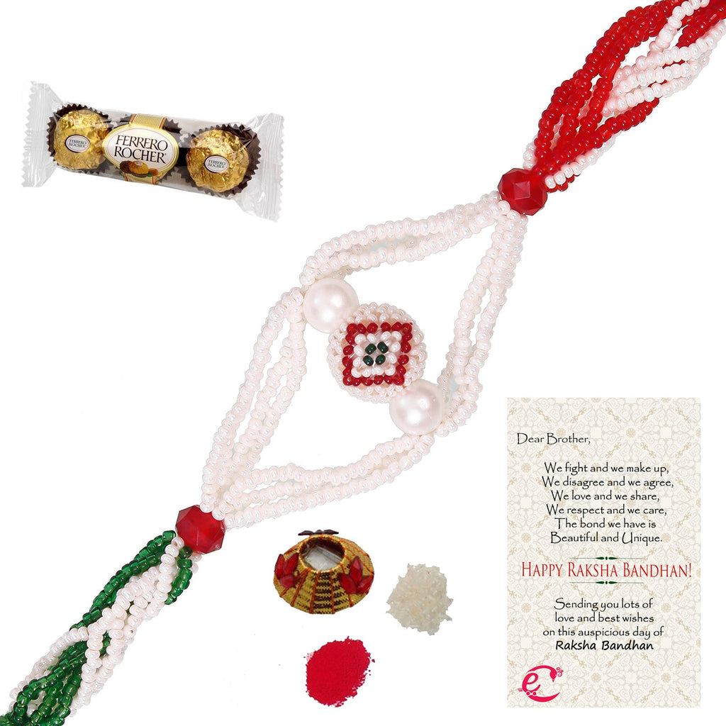 Designer Pearl Rakhi with Ferrero Rocher (3 pcs) and Roli Tikka Matki, Best Wishes Greeting Card Kafalo