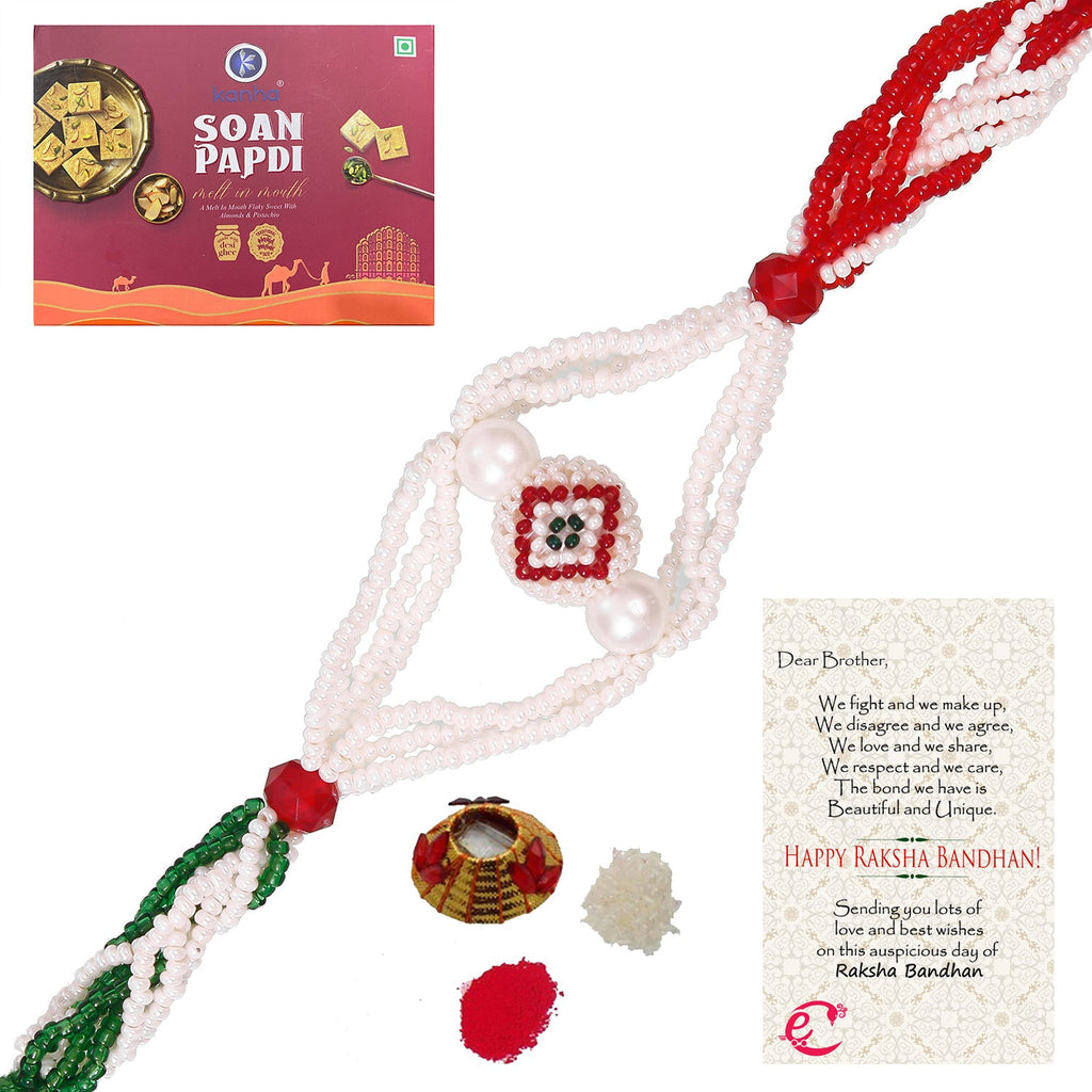 Designer Pearl Rakhi with Soan Papdi (500 Gm) and Roli Tikka Matki, Best Wishes Greeting Card Kafalo