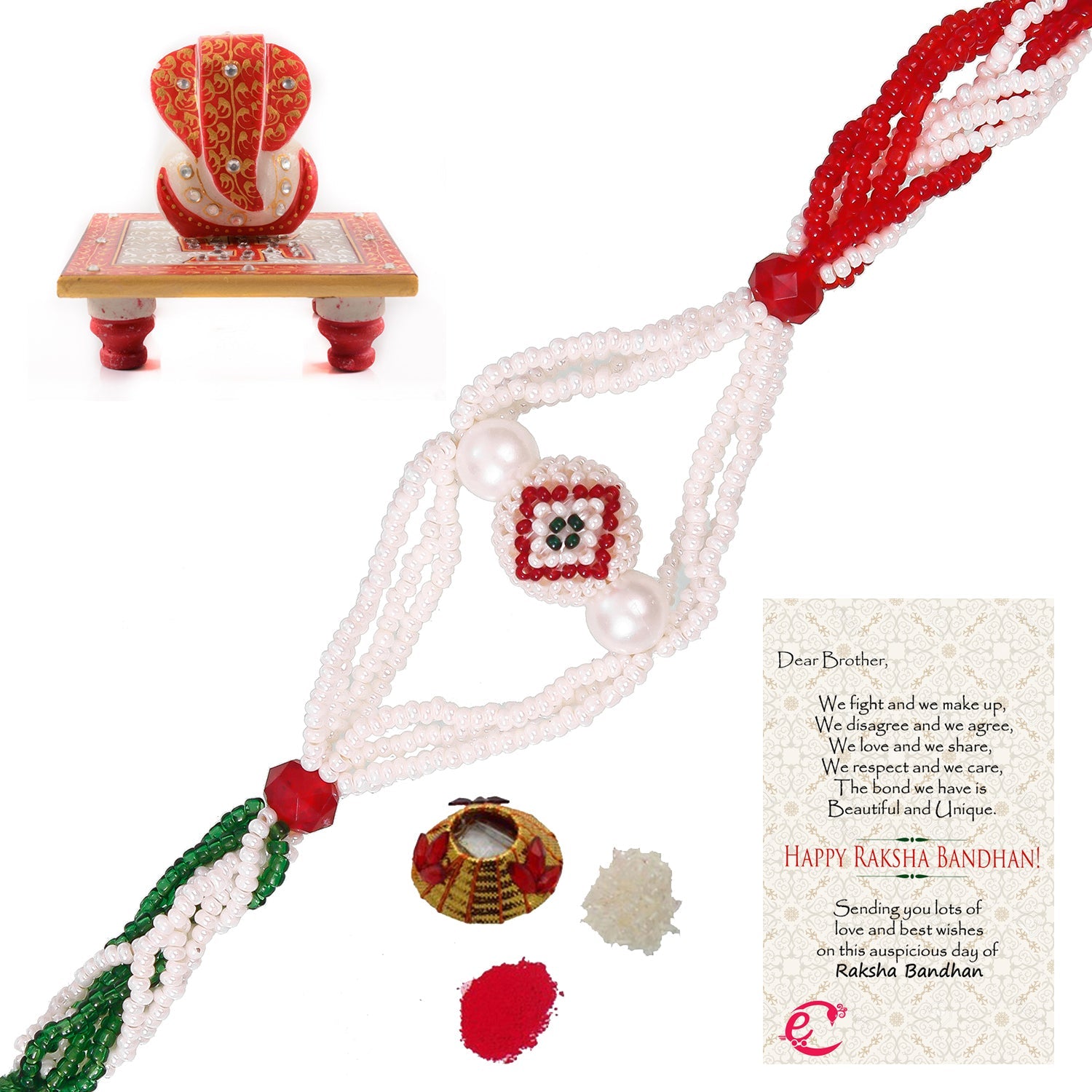 Designer Pearl Rakhi with Ridhi Sidhi Marble chowki and Roli Tikka Matki, Best Wishes Greeting Card Kafalo