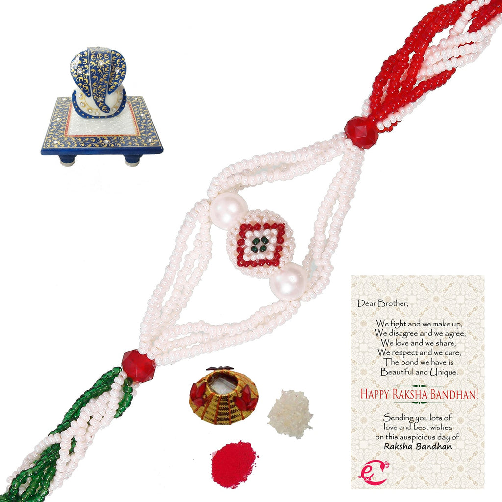 Designer Pearl Rakhi with Lord Ganesha Marble Chowki and Roli Tikka Matki, Best Wishes Greeting Card Kafalo