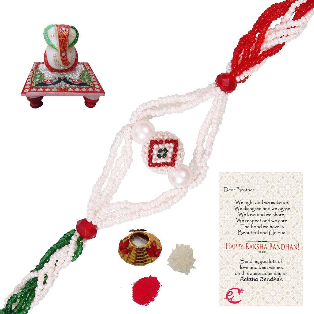 Designer Pearl Rakhi with Lord Ganesha Marble Chowki and Roli Tikka Matki, Best Wishes Greeting Card Kafalo