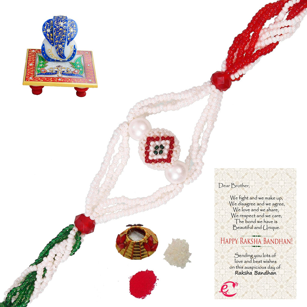 Designer Pearl Rakhi with Lord Ganesha on Marble Chowki and Roli Tikka Matki, Best Wishes Greeting Card Kafalo