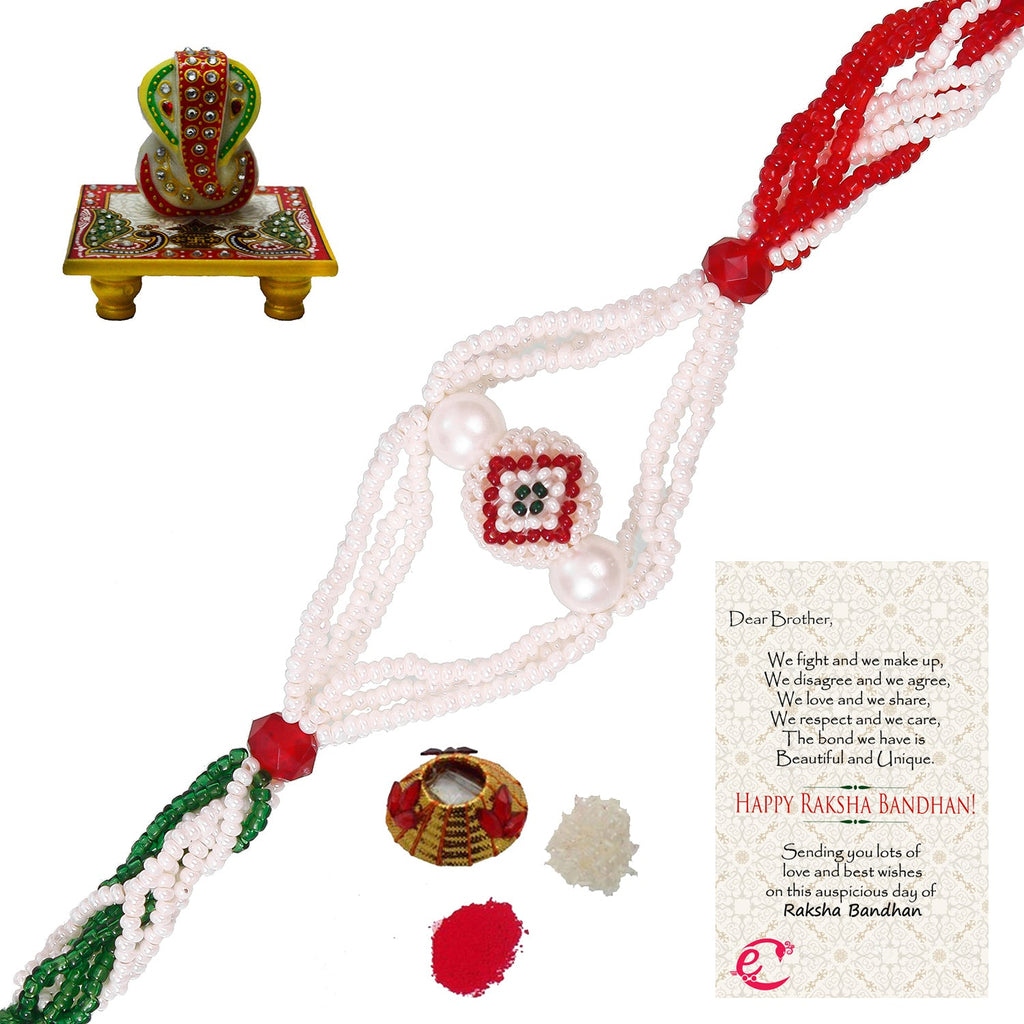 Designer Pearl Rakhi with Lord Ganesha on Marble Chowki and Roli Tikka Matki, Best Wishes Greeting Card Kafalo